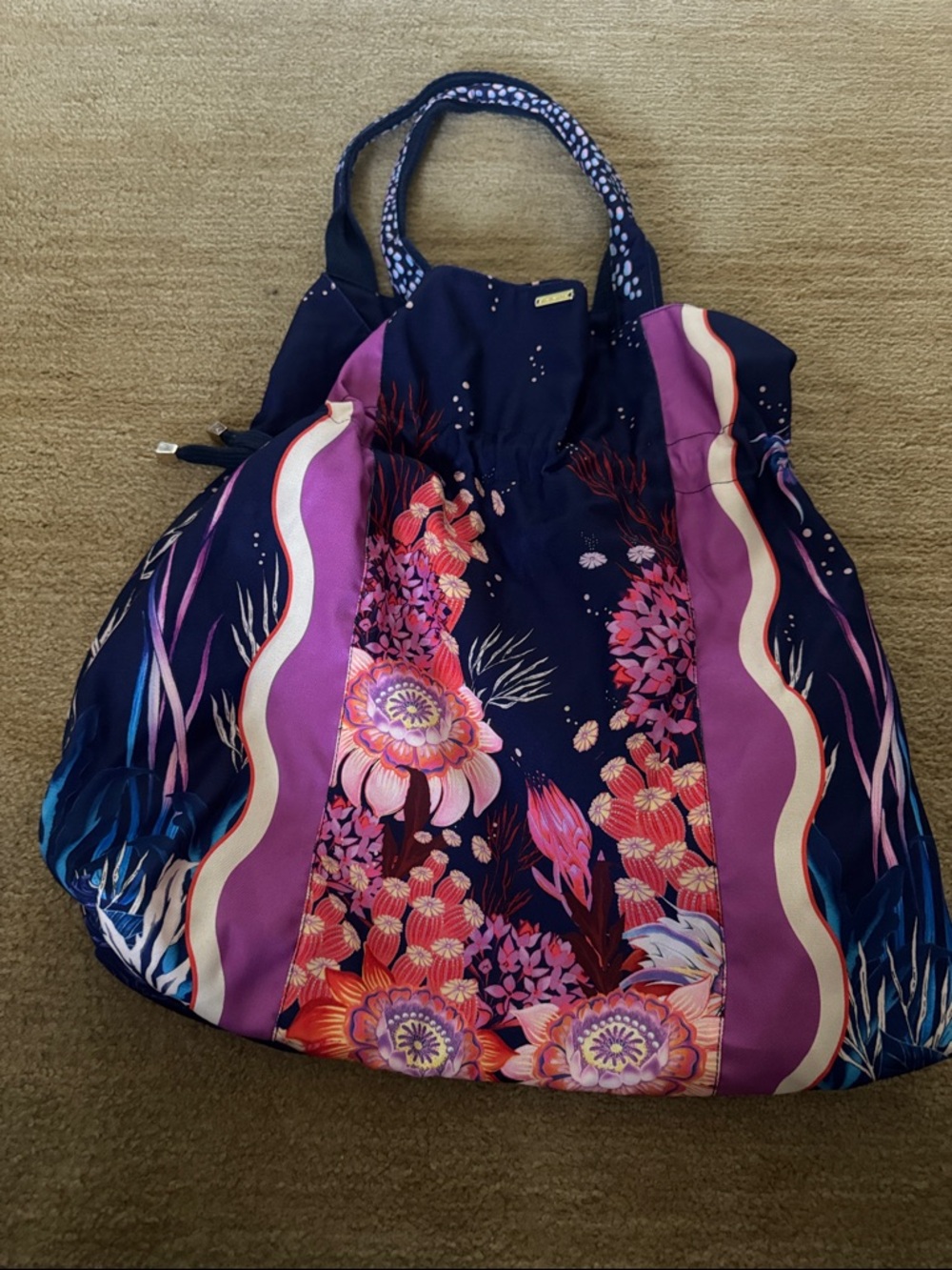 Agua Bendita Navy Floral Large Tote with Purple and Pink Accents